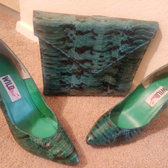 1980s vintage green snakeskin high heel stiletto pumps with matching clutch purs - Picture 2 of 7